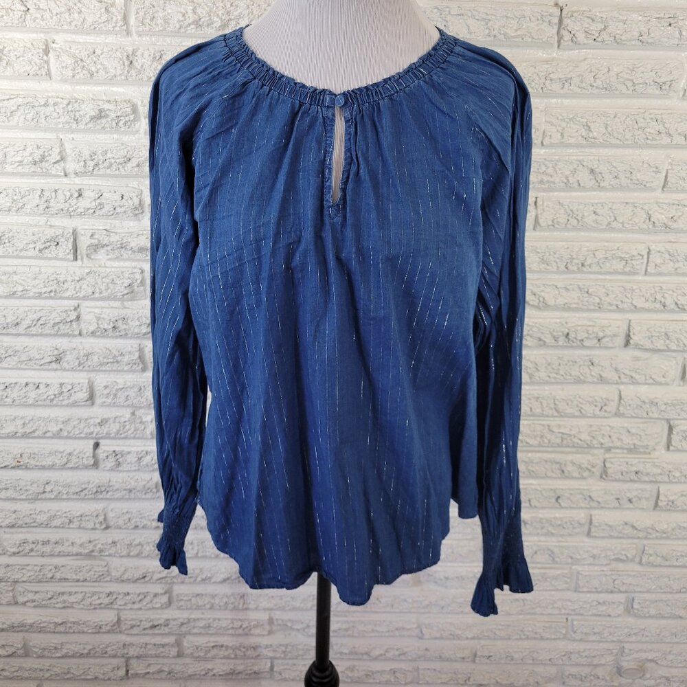 White House Black Market XL Blue Silver Metallic Stripe Keyhole Top BLU249E